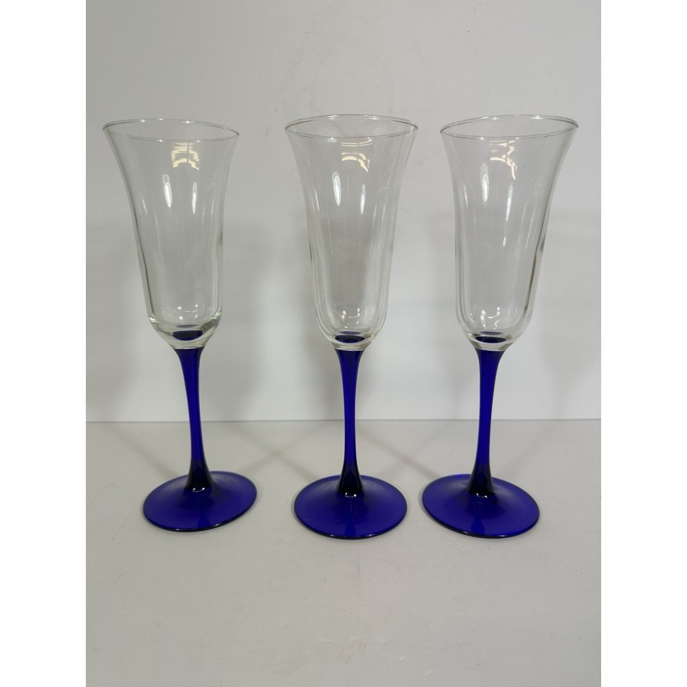 Cristal D'Arques Glasses Americana Blue Stem Champagne Flutes Flared Set Of 3